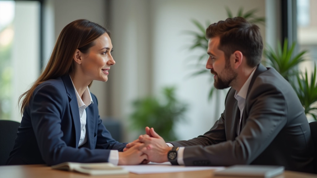 Duas pessoas em reunião amigável, com linguagem corporal positiva e aberta, comunicando efetivamente