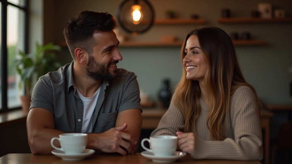 Duas pessoas num ambiente descontraído, tendo uma conversa genuína com linguagem corporal relaxada e atenta