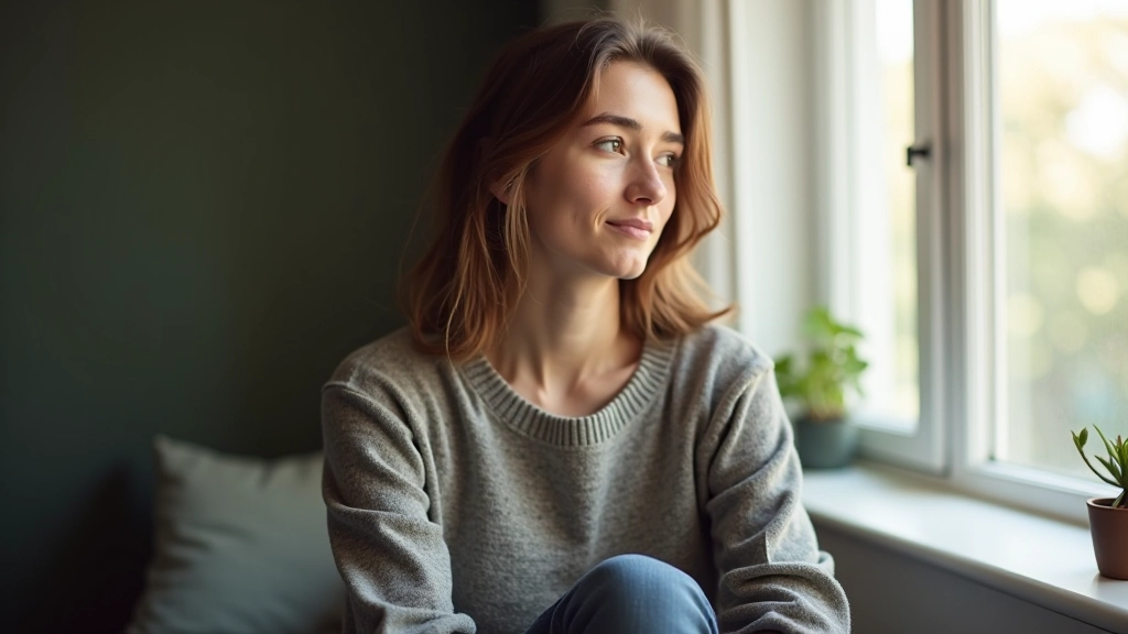 Pessoa em reflexão calma, sentada junto a janela com luz natural, expressão concentrada e pensativa