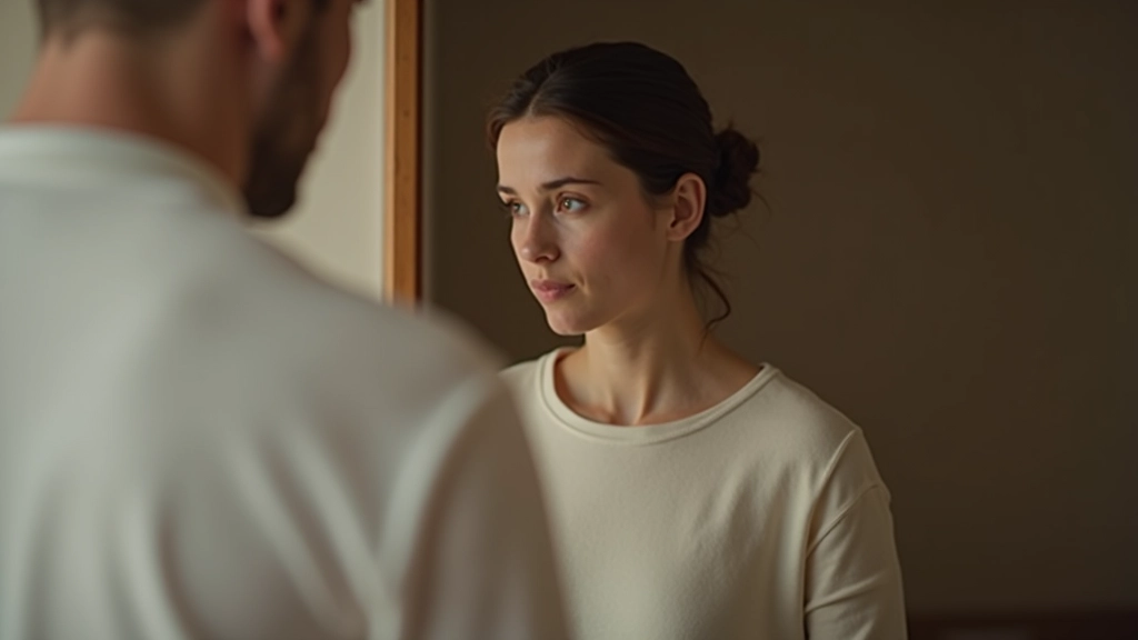 Pessoa num espelho refletindo sobre si própria, expressão honesta e introspectiva, ambiente calmo