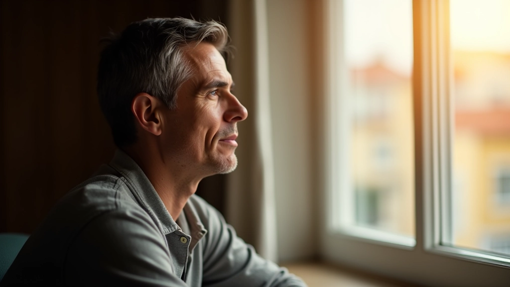 Pessoa pensativa a observar o horizonte pela janela, postura relaxada, ambiente tranquilo