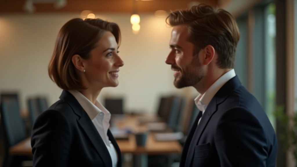 Duas pessoas em ambiente profissional, uma com postura aberta e confiante, contacto visual genuíno