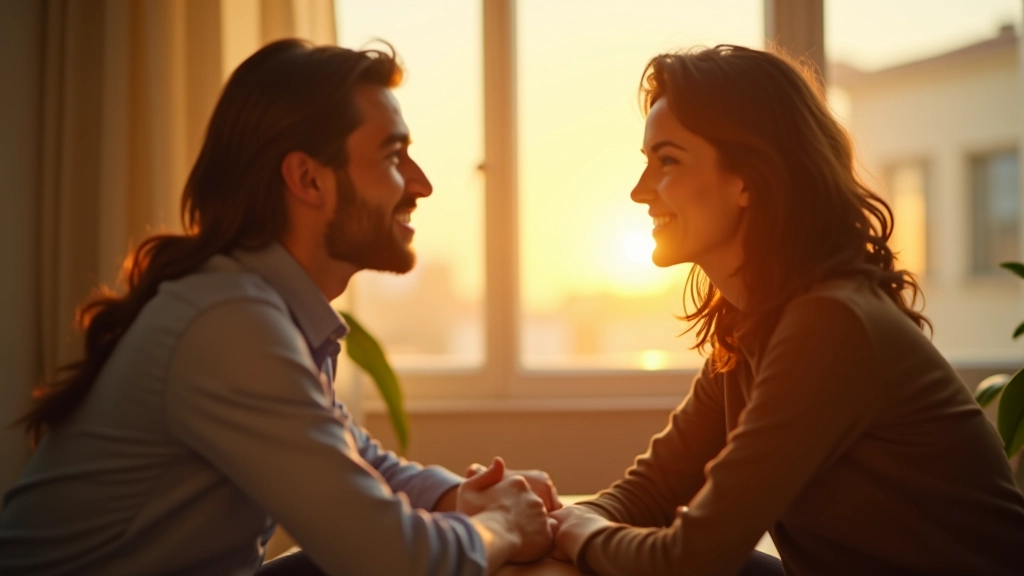 Duas pessoas em conversa profunda num espaço de luz natural, com expressões de empatia e compreensão mútua