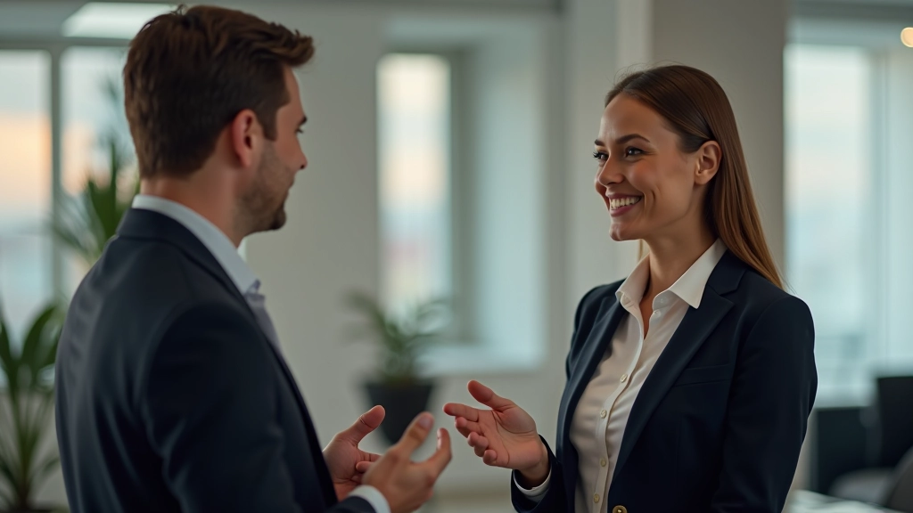 Dois profissionais em ambiente de trabalho, em conversação atenta com postura aberta