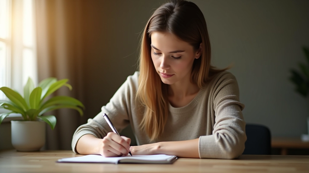 Mulher a escrever num diário com concentração, caneta na mão, ambiente calmo e organizado com planta ao fundo