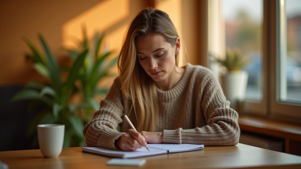 Mulher a escrever num diário com um chávena de café ao lado, refletindo sobre os seus pensamentos e emoções