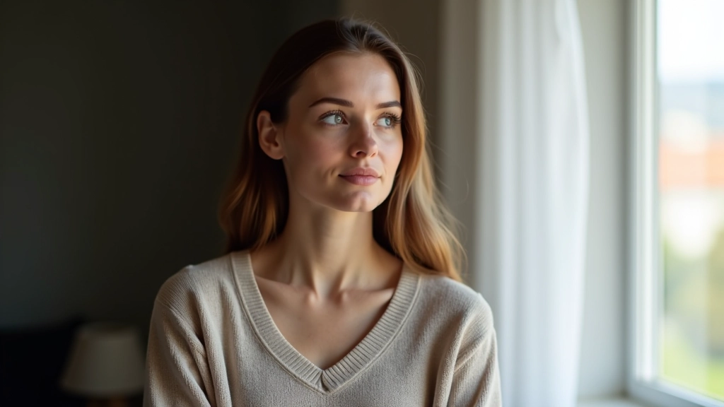 Mulher numa postura reflexiva, olhando pela janela com expressão pensativa, luz natural da manhã