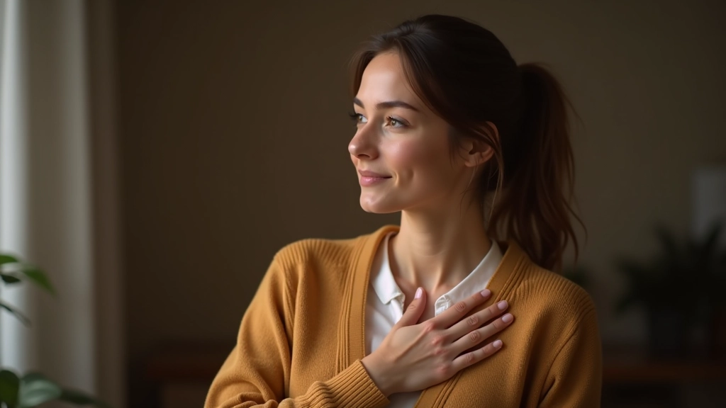 Mulher num ambiente acolhedor com expressão compreensiva e compassiva, mão sobre o coração, luz suave